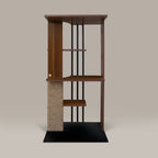 Wooden cat tree with metal bars on a beige background