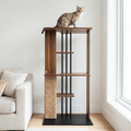 Cat sitting on a wooden cat tree in a living room.