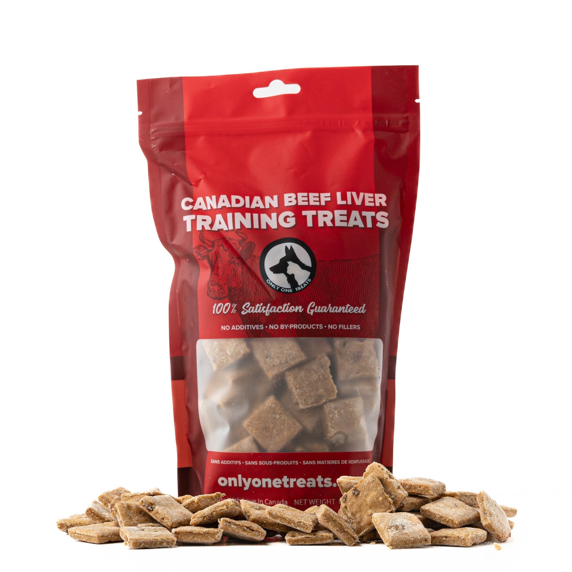 Bag of Canadian Beef Liver Training Treats with treats in front on a white background