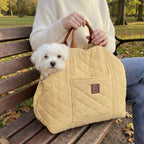 Small white dog peeking out of a beige pet carrier held by a person on a park bench.