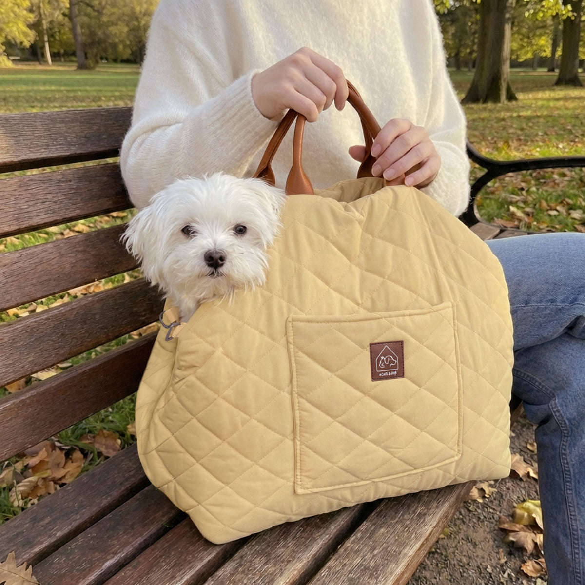 Small white dog peeking out of a beige pet carrier held by a person on a park bench.