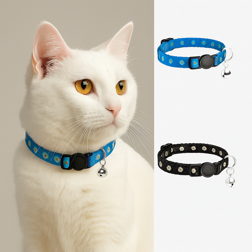 White cat wearing a blue collar with a bell, next to two additional collars on a white background.