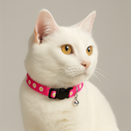 White cat wearing a pink floral collar with a bell on a neutral background