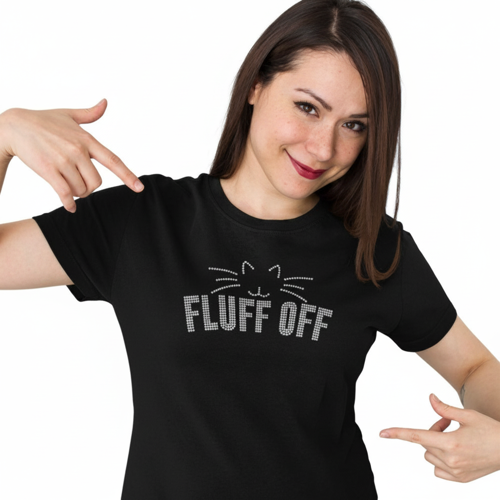 Woman wearing a black t-shirt with 'FLUFF OFF' text design, pointing at the shirt.