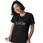 Person wearing a black t-shirt with 'FLUFF OFF' text and cat graphic on a white background