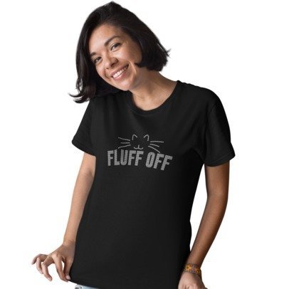 Person wearing a black t-shirt with 'FLUFF OFF' text and cat graphic on a white background