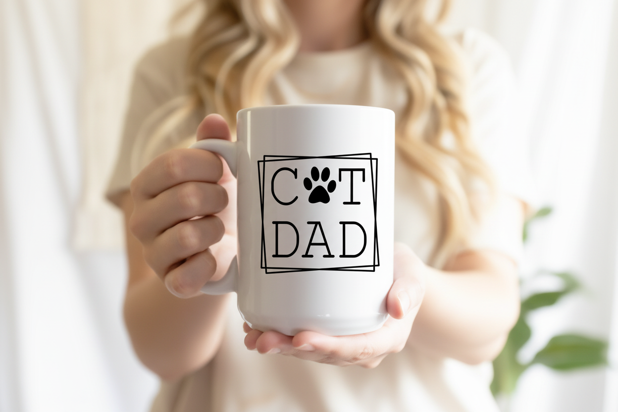 Person holding a white mug with 'CAT DAD' text and paw print design.