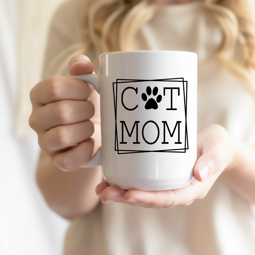 Person holding a white mug with 'Cat Mom' and a paw print design.