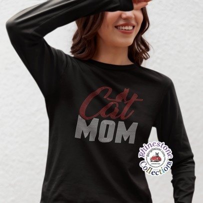 Person wearing a black long-sleeve shirt with 'Cat Mom' text, against a light gray background.
