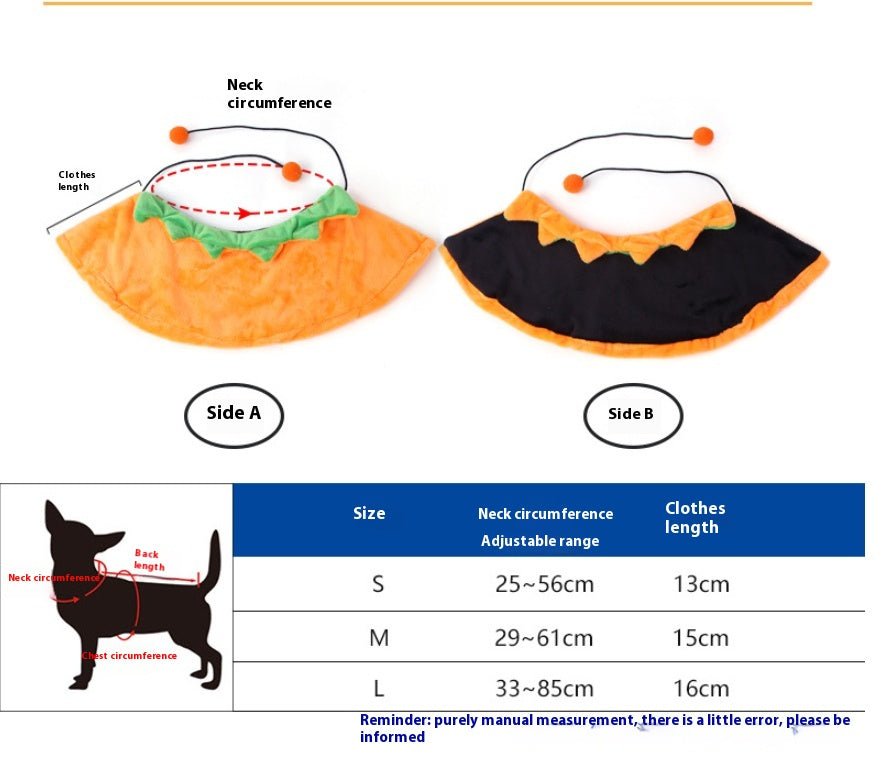 A product diagram showing two sides of an adjustable pet collar: Side A in orange and green, and Side B in black and orange. Includes a size chart with a dog silhouette and measurements for neck circumference and clothes length.