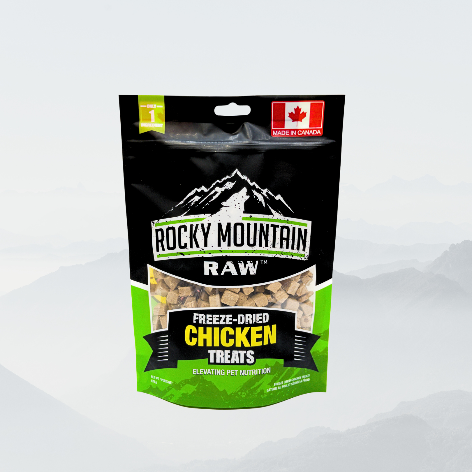 Packaging of Rocky Mountain Raw freeze-dried chicken treats on a white background