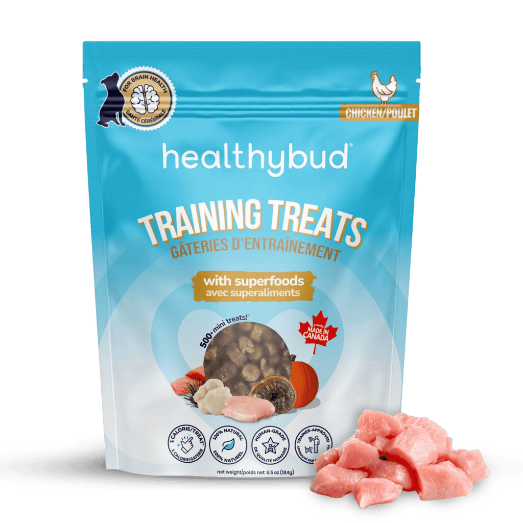 Package of healthybud training treats with superfoods on a white background