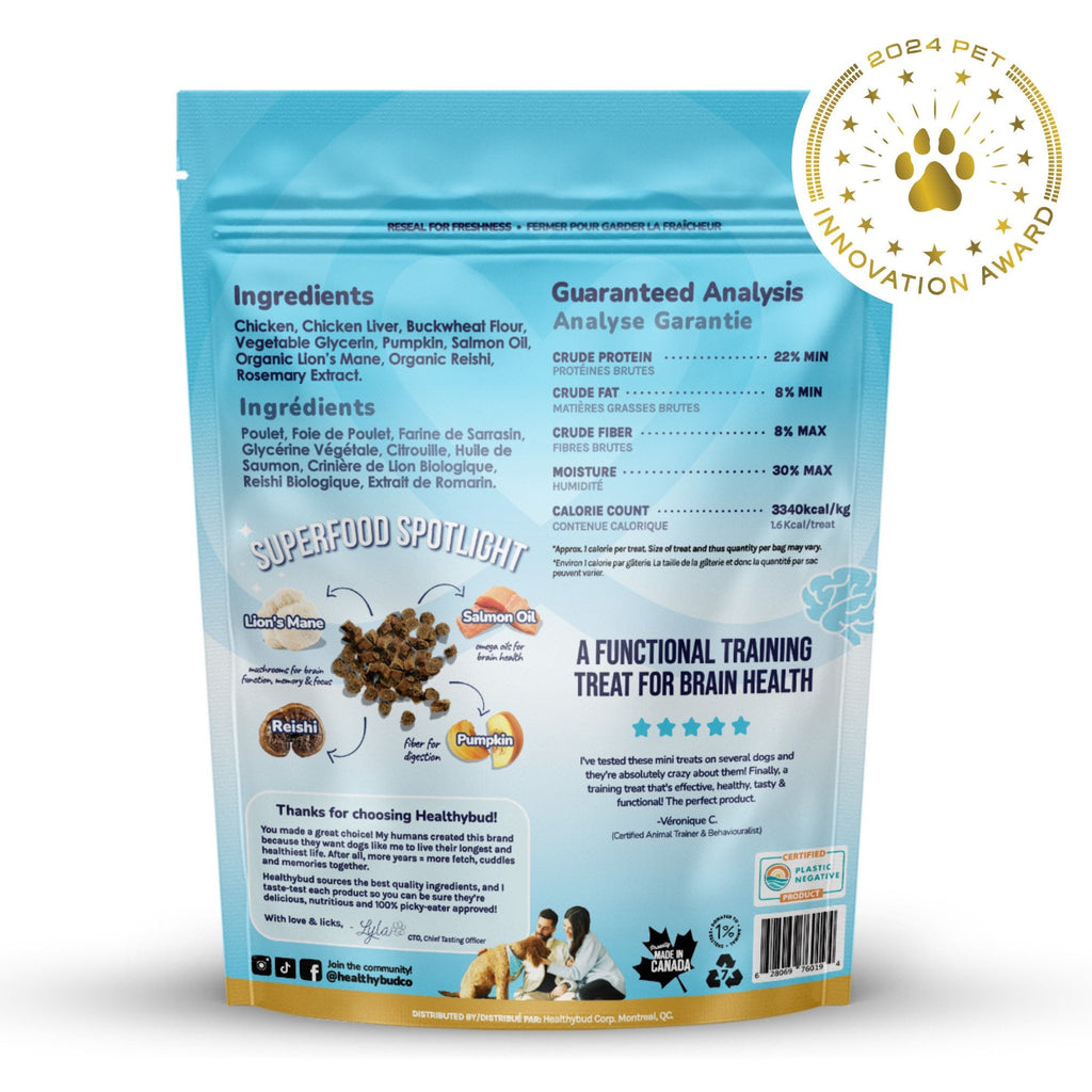 Dog food package with ingredients list and guaranteed analysis on a white background