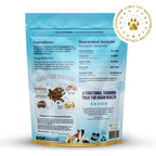 Dog food package with ingredients list and guaranteed analysis on a white background