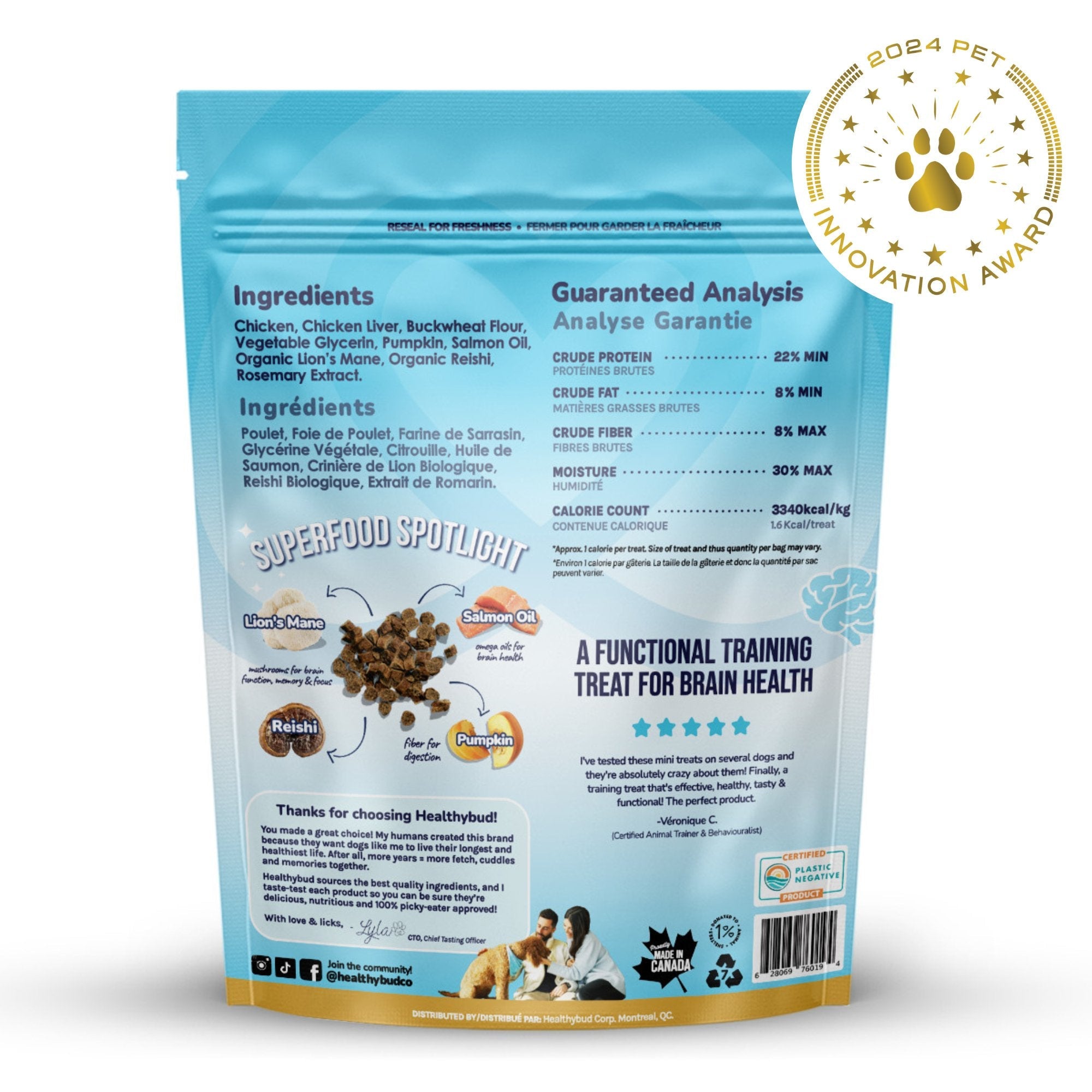 Dog food package with ingredients list and guaranteed analysis on a white background