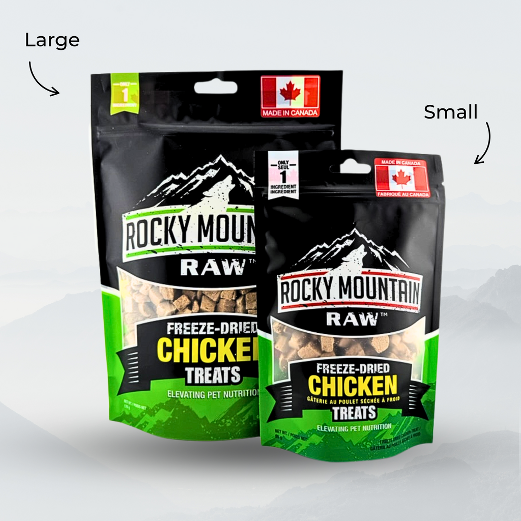Two packages of Rocky Mountain Raw Freeze-Dried Chicken Treats, one large and one small, on a light gray background.