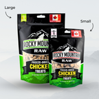 Two packages of Rocky Mountain Raw Freeze-Dried Chicken Treats, one large and one small, on a light gray background.