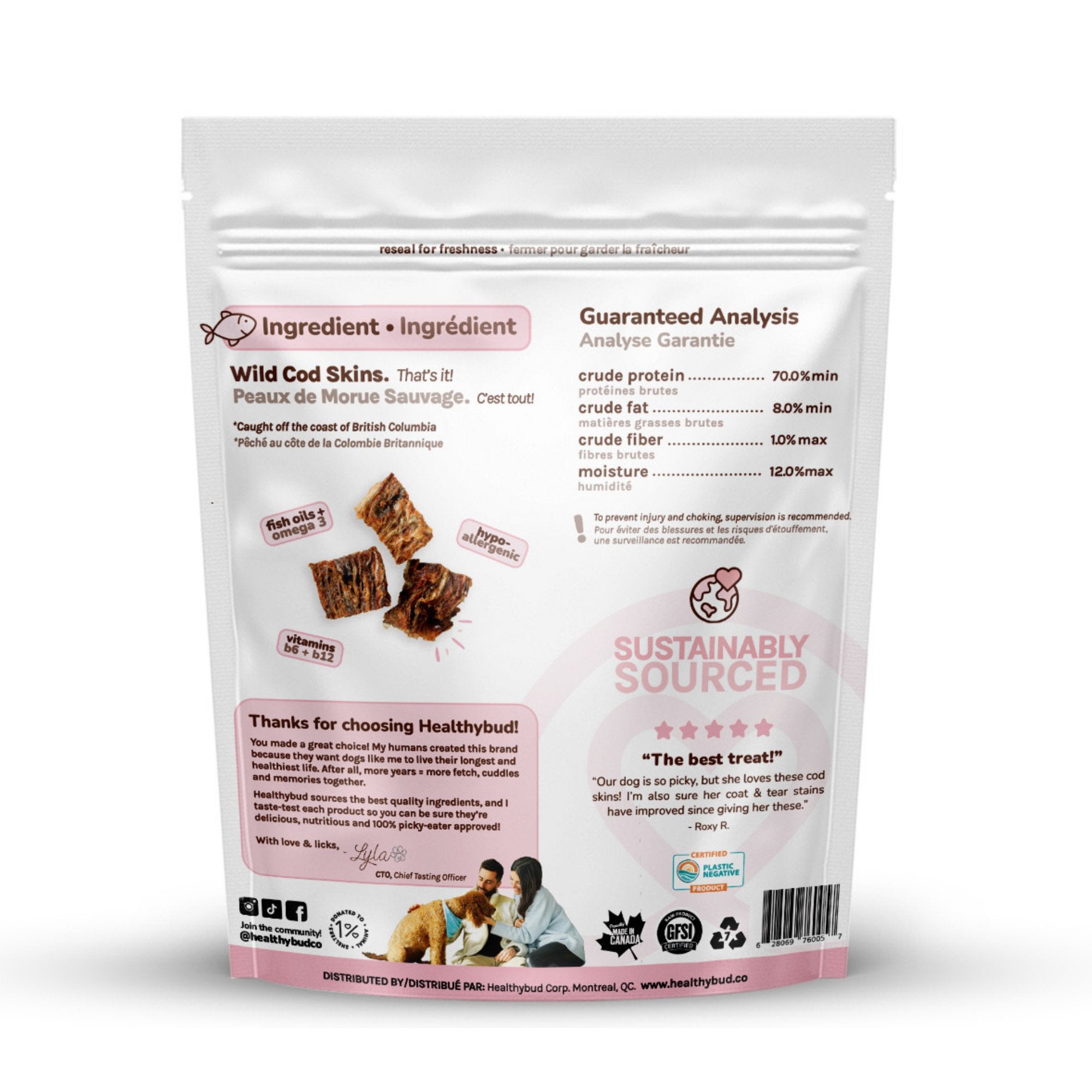 Package of HealthyBuff dog treats with text and images on a white background
