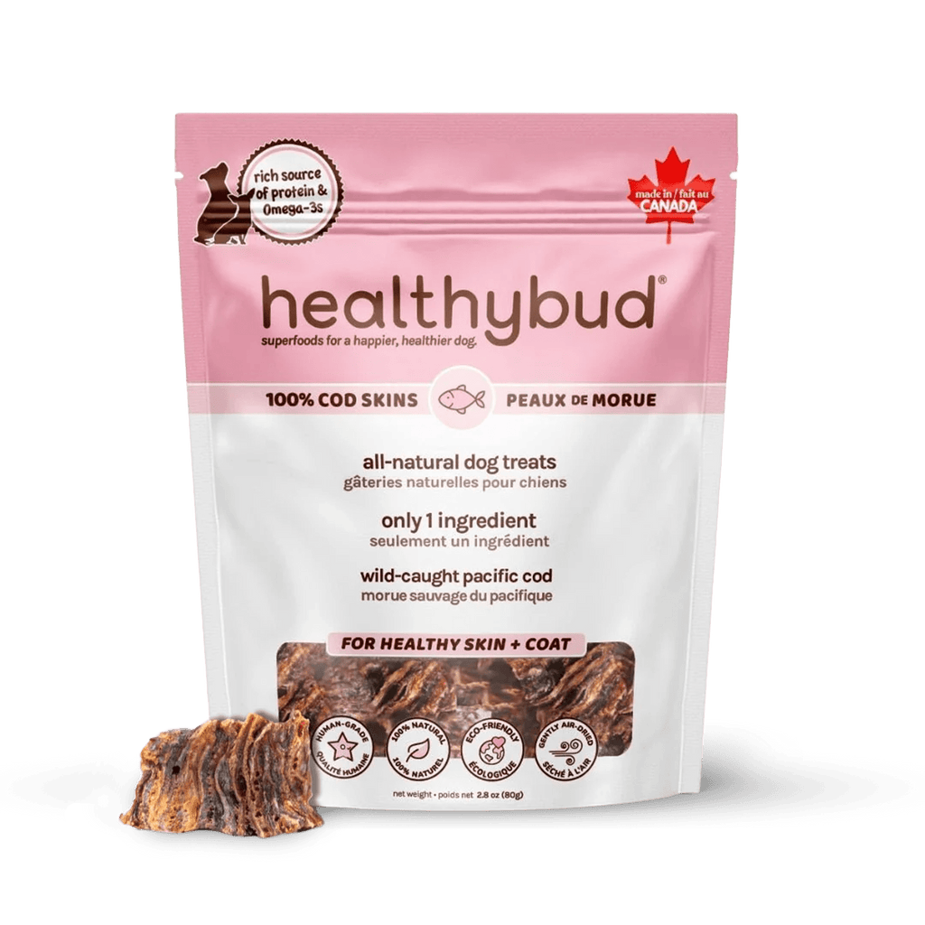 Healthybud all-natural dog treat package with a pink and white design on a green background