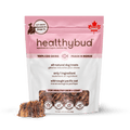 Healthybud all-natural dog treat package with a pink and white design on a green background