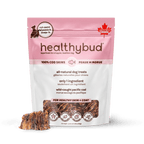 Healthybud all-natural dog treat package with a pink and white design on a green background