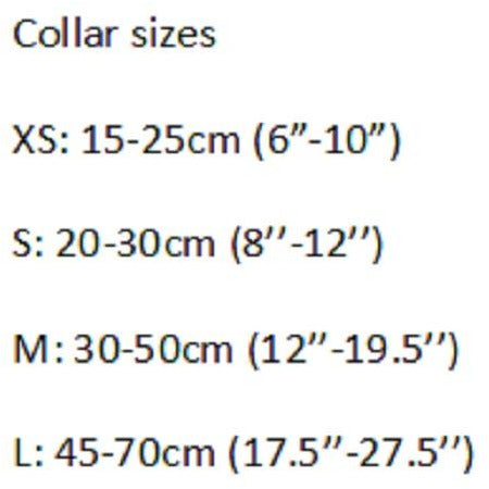 Collar size chart with measurements in centimeters and inches