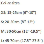 Collar size chart with measurements in centimeters and inches