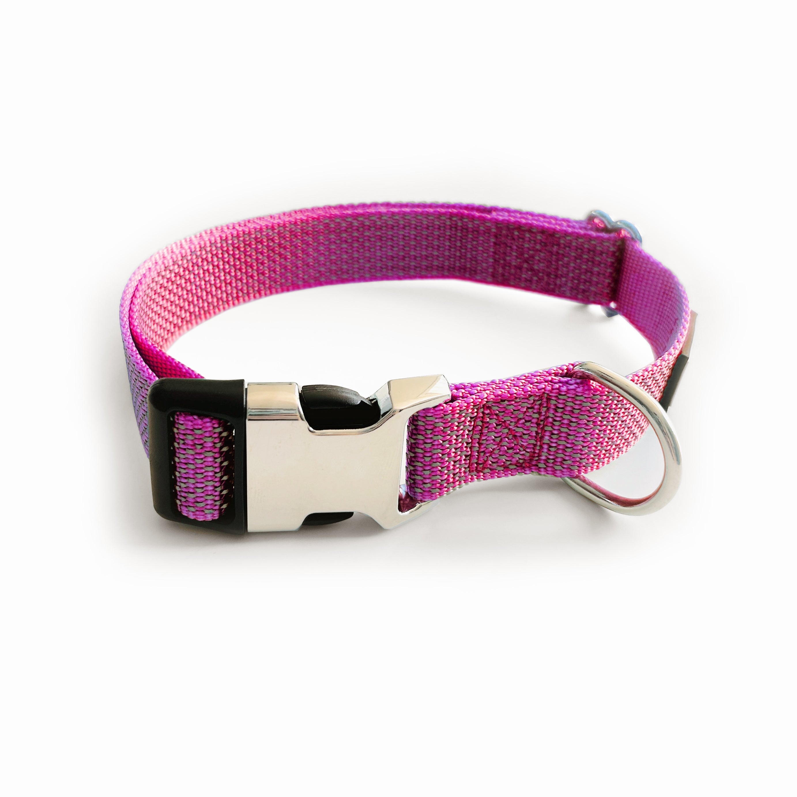 Pink dog collar with a metal buckle on a white background