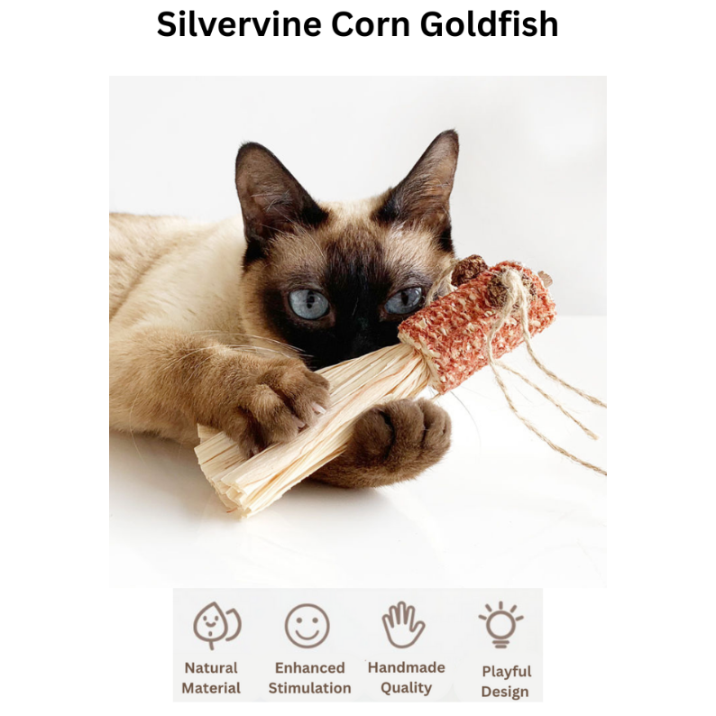 Cat playing with a catnip toy, with 'CATWANT' branding and text about silvervine corn goldfish.
