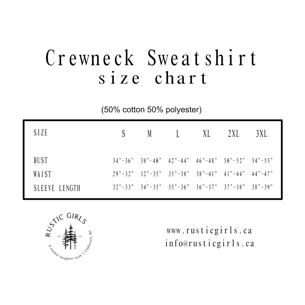Crewneck sweatshirt size chart with measurements on a black background