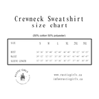 Crewneck sweatshirt size chart with measurements on a black background