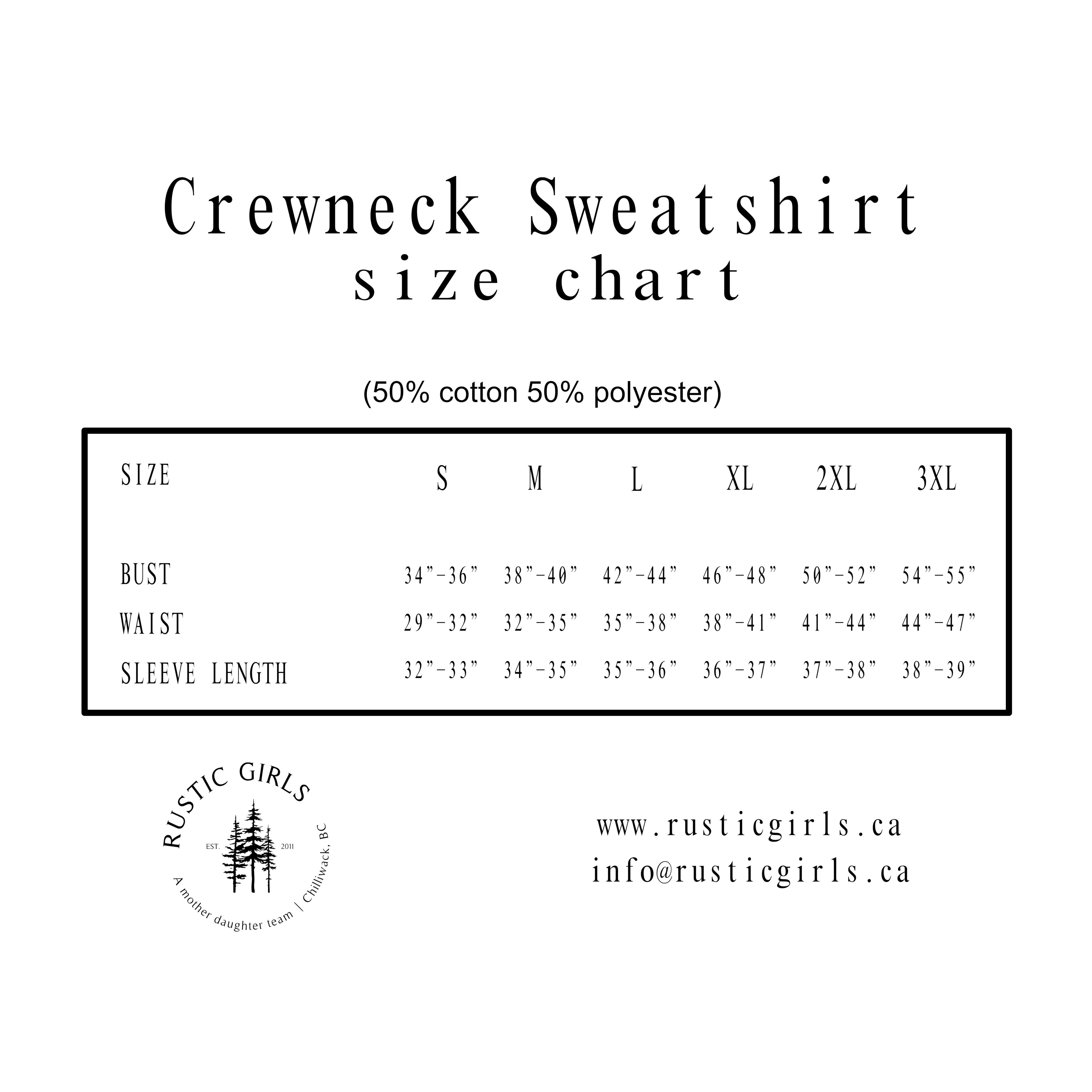 Crewneck sweatshirt size chart with measurements on a black background