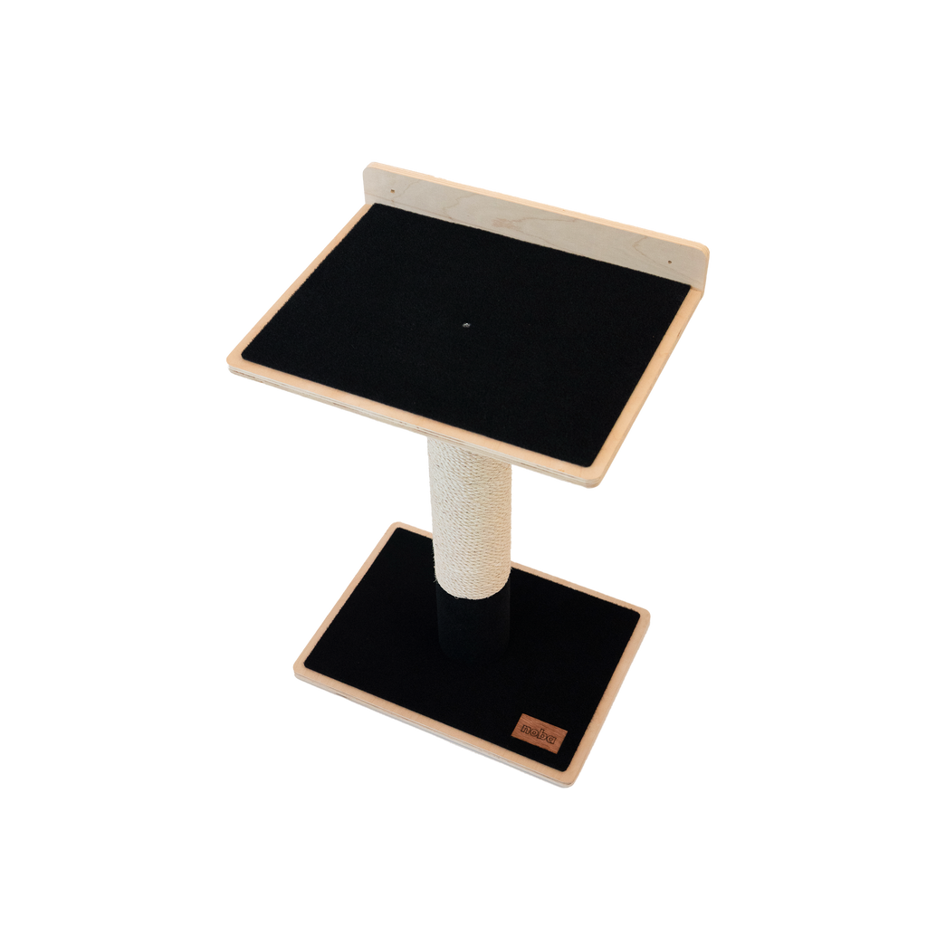 Cat tree with black platforms and beige sides on a white background