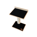 Cat tree with black platforms and beige sides on a white background