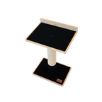 Cat tree with black platforms and beige sides on a white background