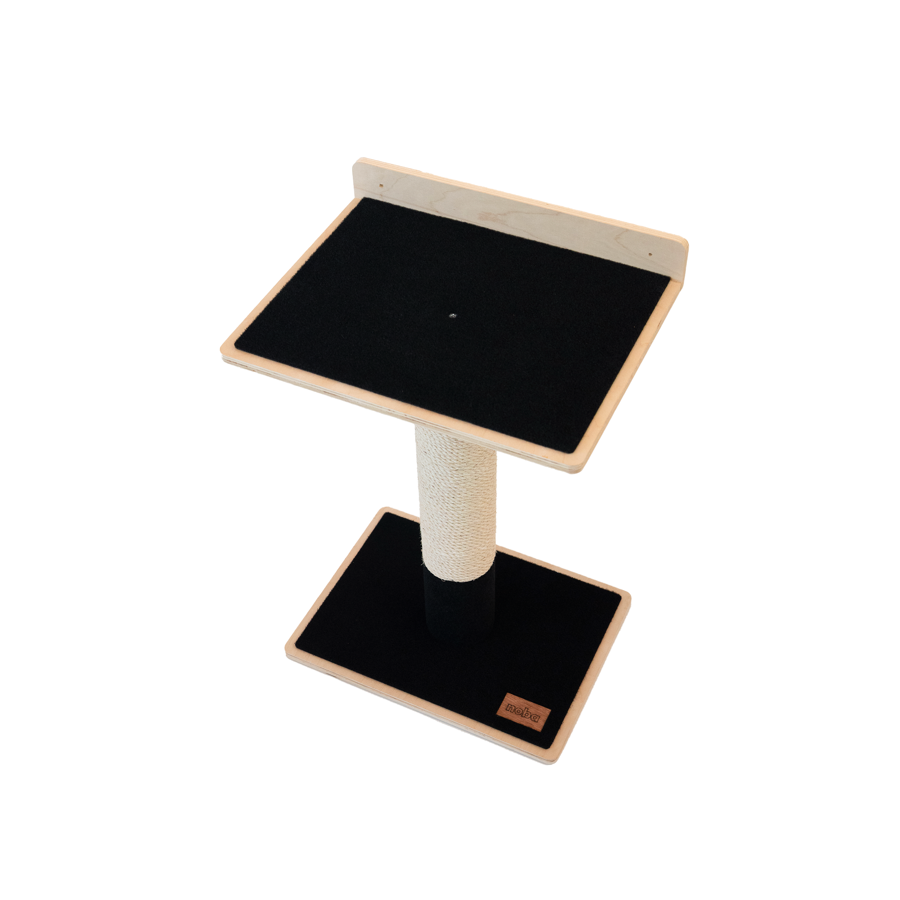 Cat tree with black platforms and beige sides on a white background