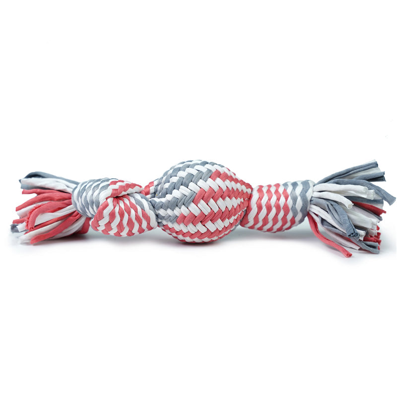 Dog toy with red, white, and gray pattern on a white background