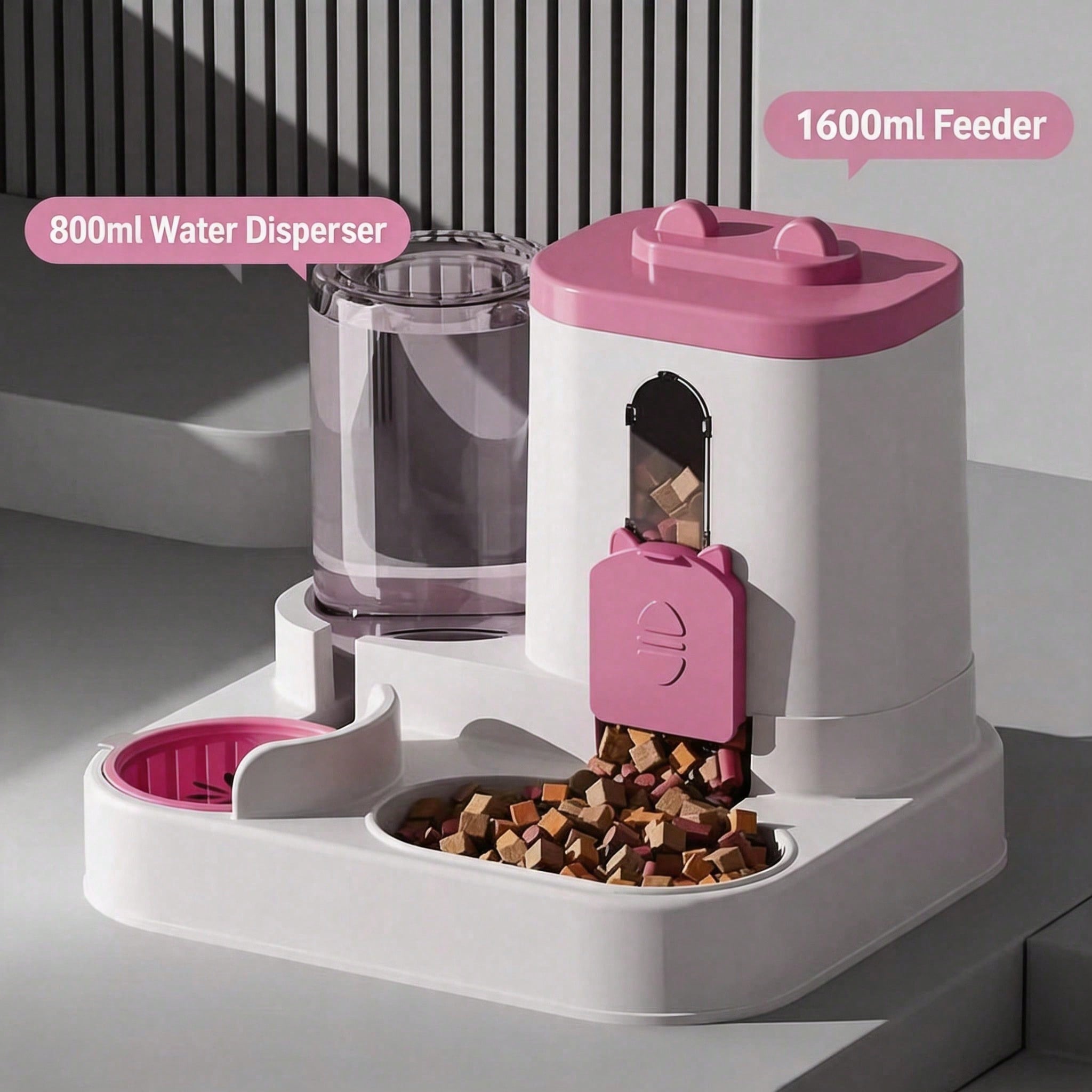 Pet feeder and water dispenser with pink accents on a gray background