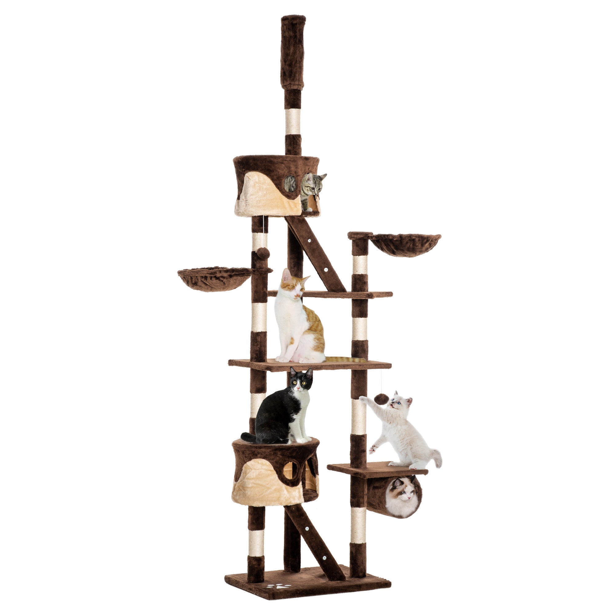 Cat tree with multiple levels and perches on a white background
