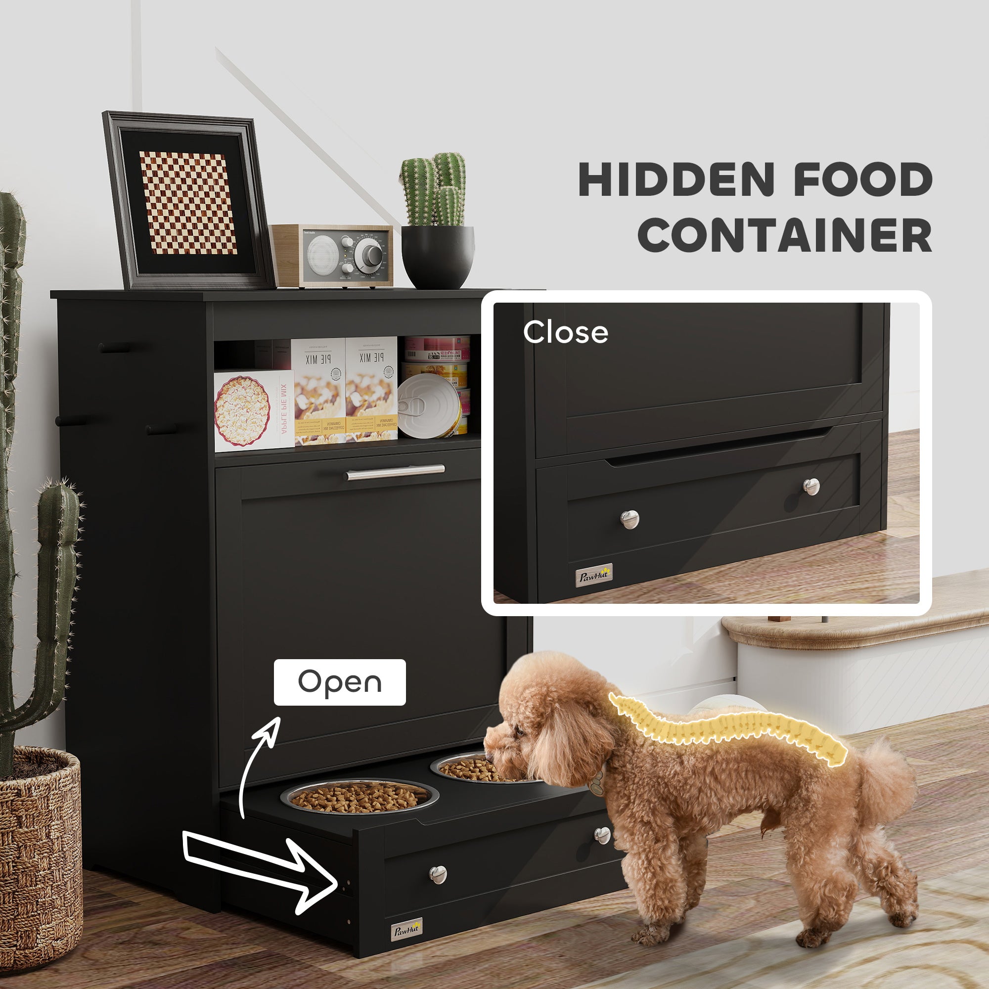 Black cabinet with hidden food container for a dog, showing a dog eating from one of the drawers.