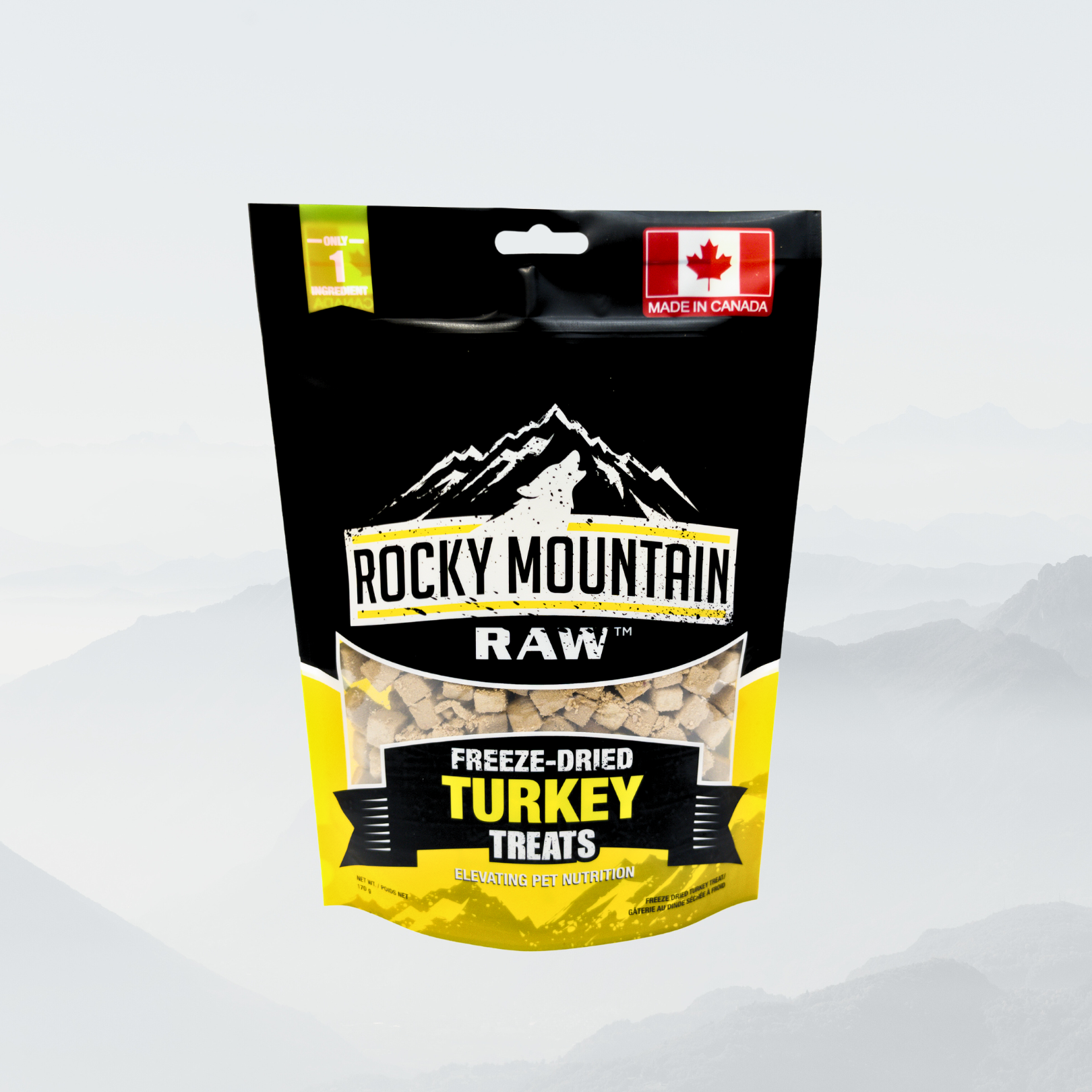 Package of Rocky Mountain Raw freeze-dried turkey treats on a white background