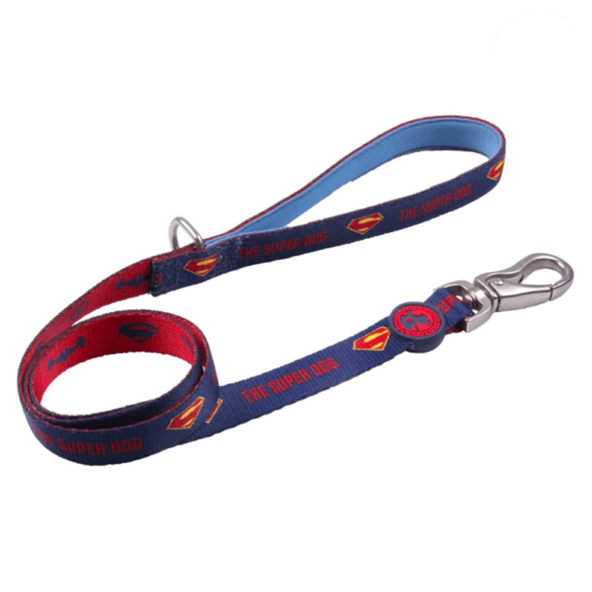 Dog leash with Superman logo and text on a white background