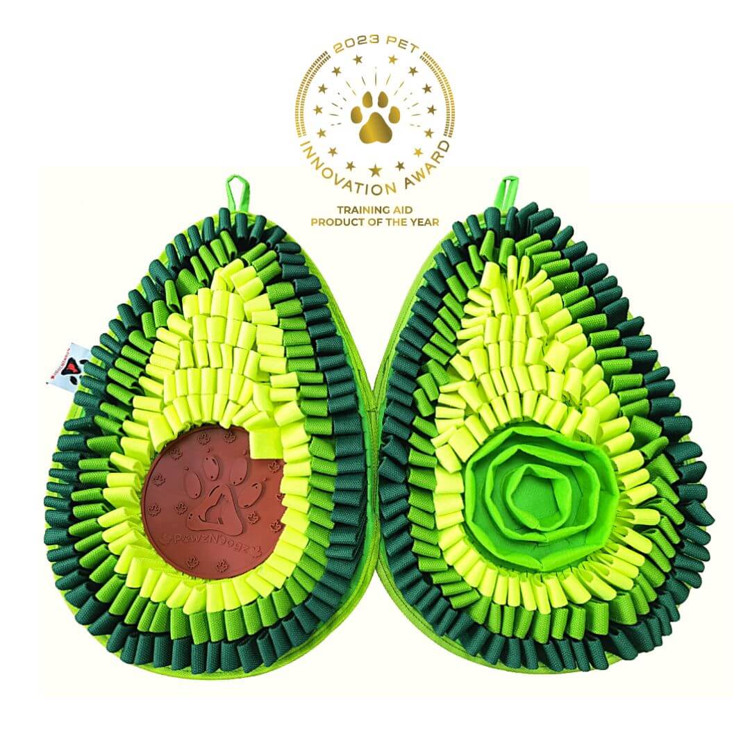 Avocado-shaped pet toy with green and yellow colors, featuring a paw print logo and text on a white background.