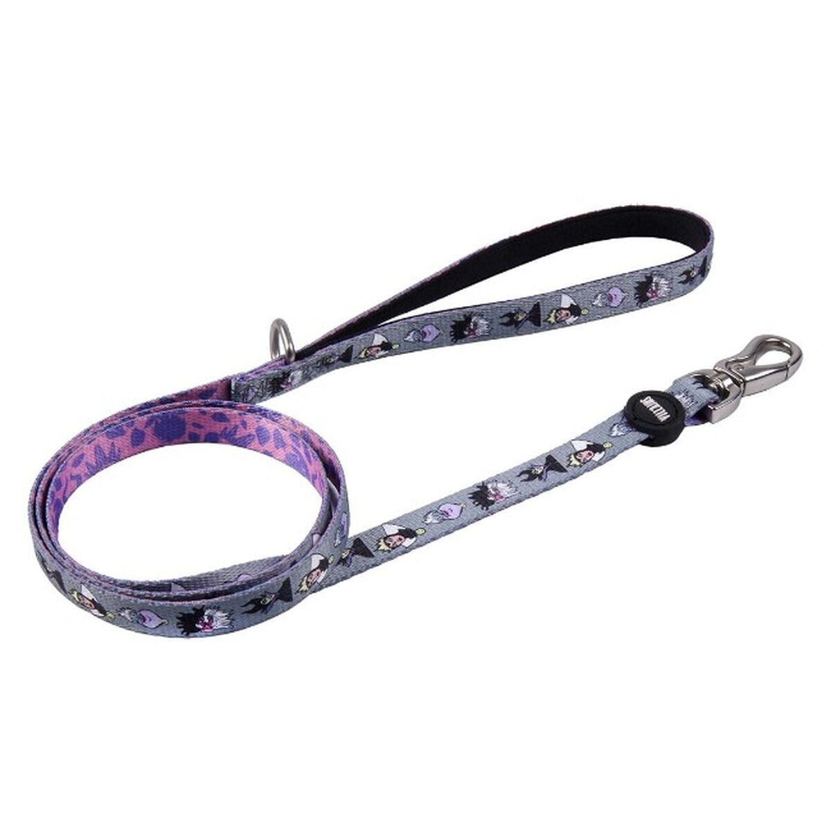 Dog leash with purple and gray Disney pattern on a white background
