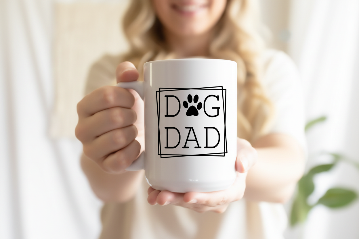 Person holding a white mug with 'DOG DAD' text, blurred background