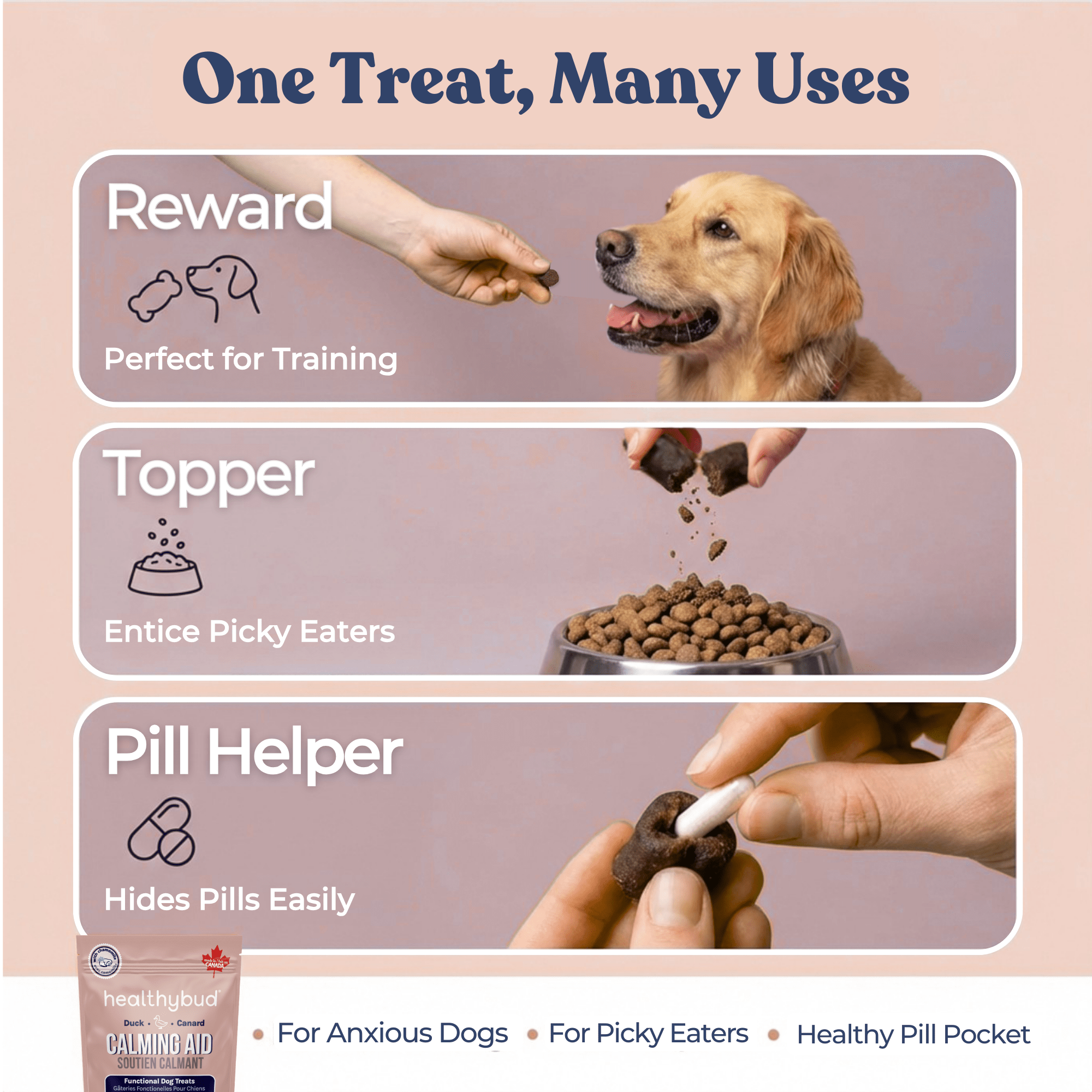 Dog treats with uses for training, enticement, and pill hiding on a pink background