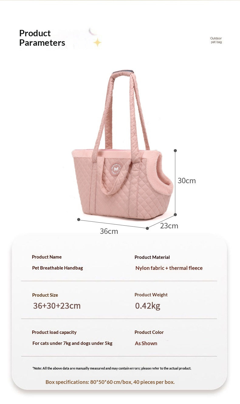 Pink pet breathable pet carrier with dimensions and material details on a white background