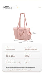 Pink pet breathable pet carrier with dimensions and material details on a white background