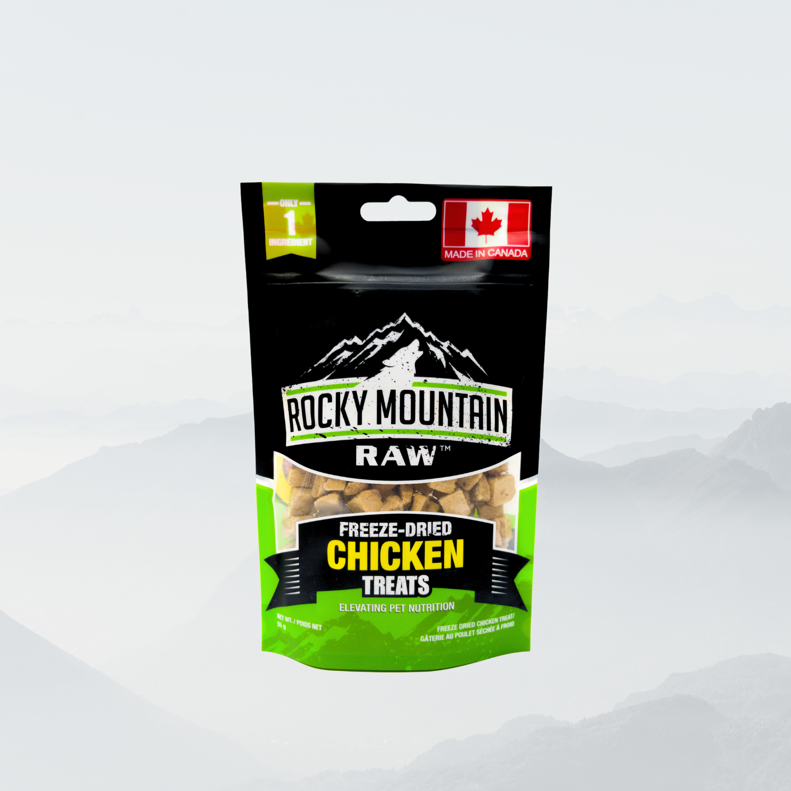 Packaging of Rocky Mountain Raw freeze-dried chicken treats on a white background