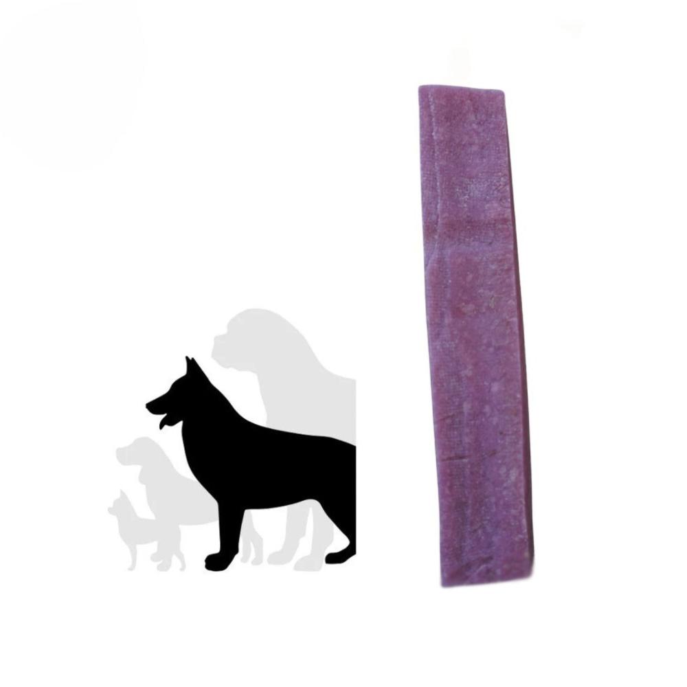 Purple dog chew toy with silhouettes of dogs on a white background
